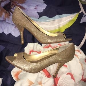Gold peep toe heels